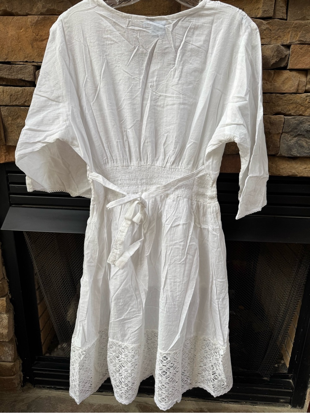 White Cotton V-Neck Embroidered Smocked Waist Sundress - Picture 2 of 7